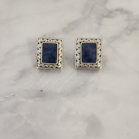 Silver and Blue Stone rectangle Framed Earrings - Picture 4 of 4